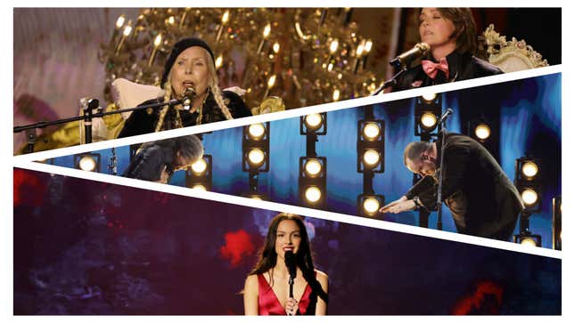 Top: Joni Mitchell and Brandi Carlile; Middle: Tracy Chapman and Luke Combs; Bottom: Olivia Rodrigo (All photos: Kevin Winter/Getty Images for The Recording Academy)